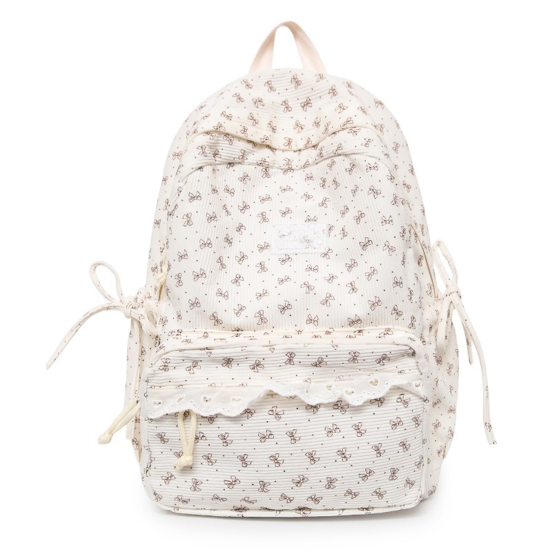 Women'S Young Bags - 冬コーデュロイバックパックボウプリントレースかわいい旅行リュックサック韓国の若い女の子甘いかわいいデイパック十代の学生スクールバッグ