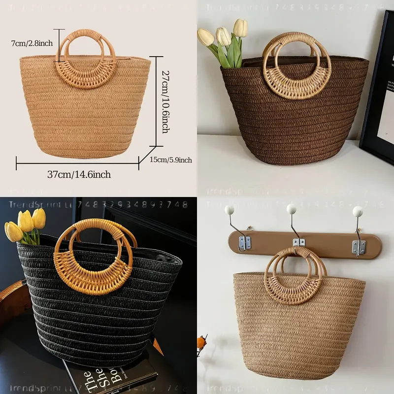 Women'S Bags Handbags - 女性用夏用紙製トートバッグ 大容量 無地 丸型木製ハンドル ビーチハンドバッグ カジュアル
