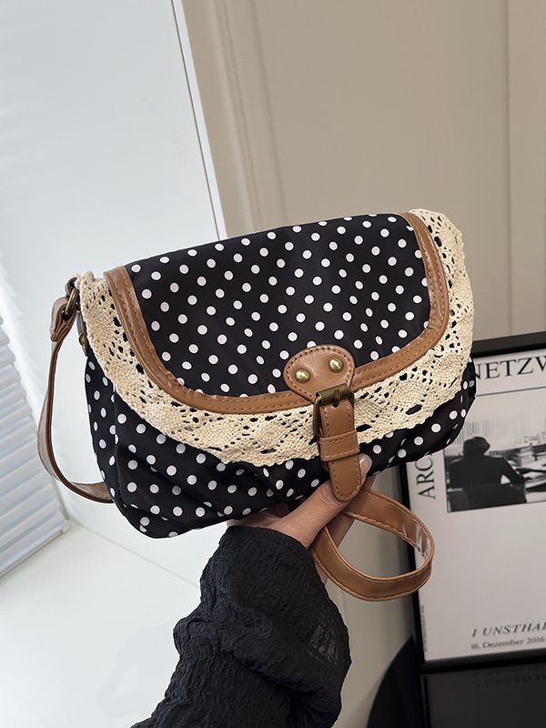 Women'S Young Bags - レトロなポルカドットレーストリムキャンバスシングルショルダーバッグ、スタイリッシュなクロスボディバッグ、若い女性向け通勤スタイル、ジッパー開閉。
