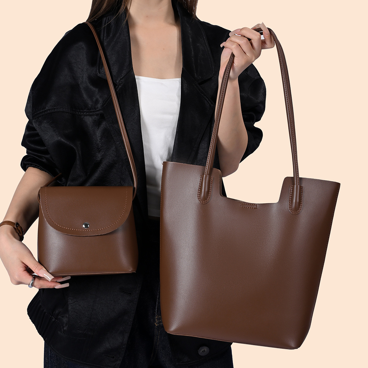 Women'S Bags Handbags - レディース用PUレザー製ショルダーバッグ、メッセンジャーバッグ、コンポジットハンドバッグの2点セット。普段使いに最適な大容量トートバッグ。