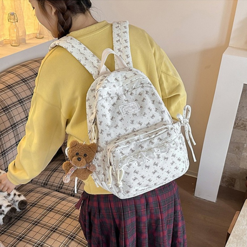 冬コーデュロイバックパックボウプリントレースかわいい旅行リュ - Women'S Young Bags のレビューと価格