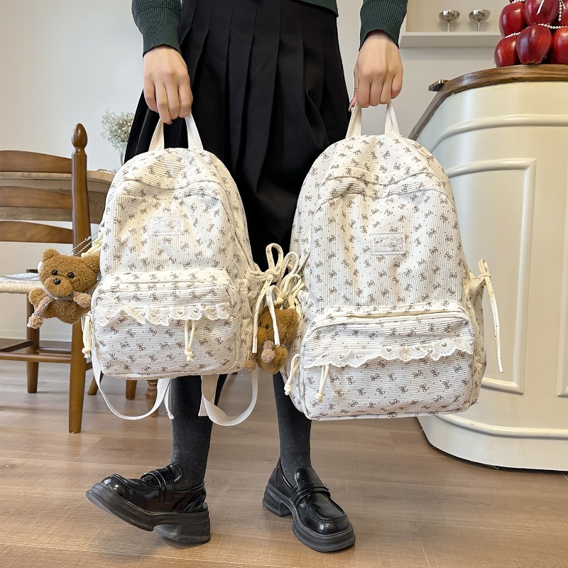 冬コーデュロイバックパックボウプリントレースかわいい旅行リュ - Women'S Young Bags のレビューと価格