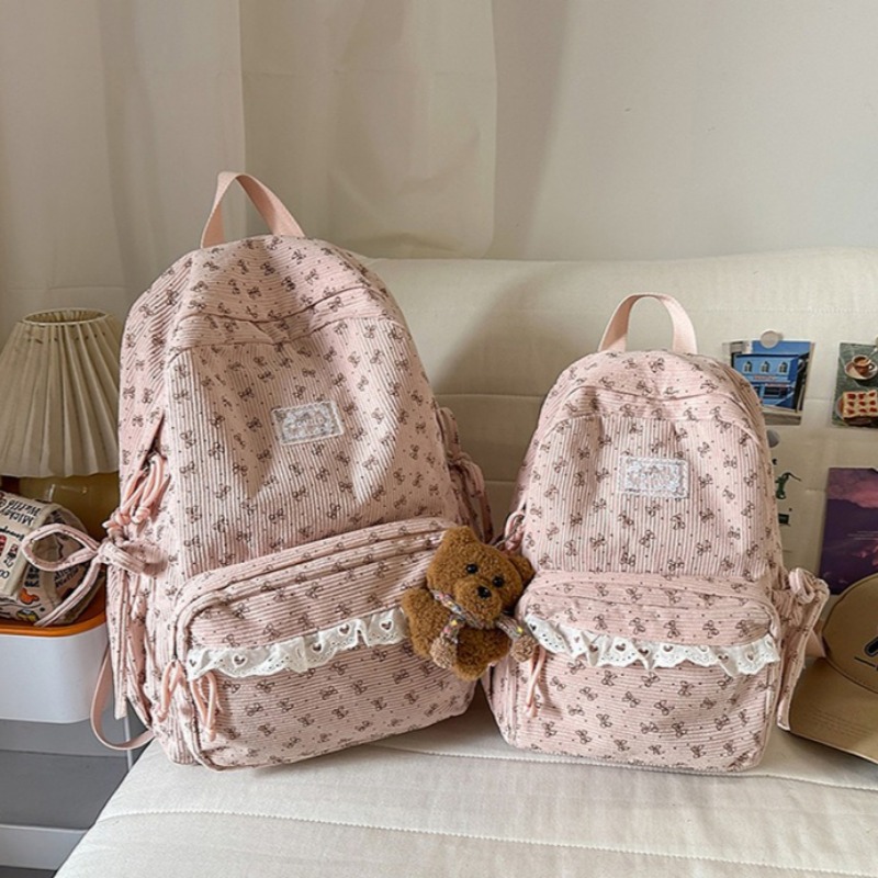冬コーデュロイバックパックボウプリントレースかわいい旅行リュ - Women'S Young Bags のレビューと価格