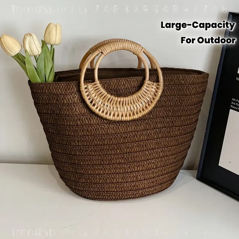 女性用夏用紙製トートバッグ 大容量 無地 丸型木製ハンドル  - Women'S Bags Handbags のレビューと価格