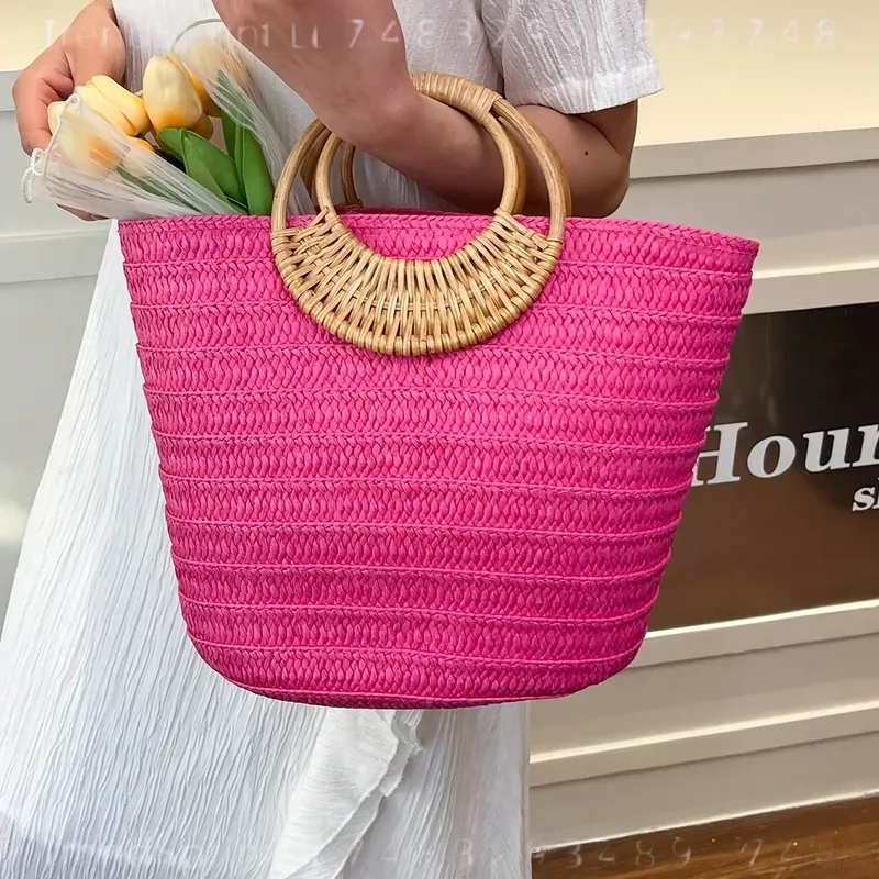 女性用夏用紙製トートバッグ 大容量 無地 丸型木製ハンドル  - Women'S Bags Handbags のレビューと価格