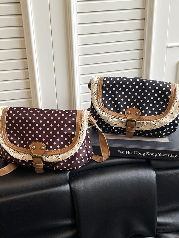 レトロなポルカドットレーストリムキャンバスシングルショルダー - Women'S Young Bags のレビューと価格